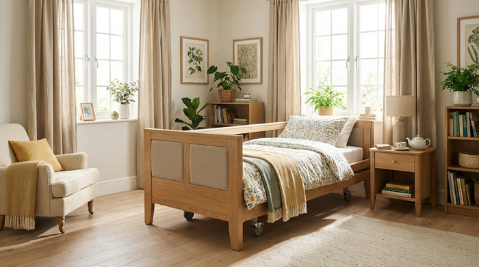 Helles, freundlich eingerichtetes Schlafzimmer mit Pflegebett