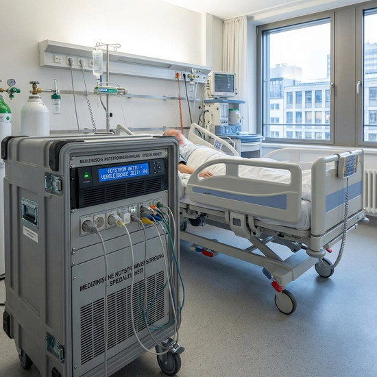 Spezielle Notstromversorgungseinheit neben einem Pflegebett