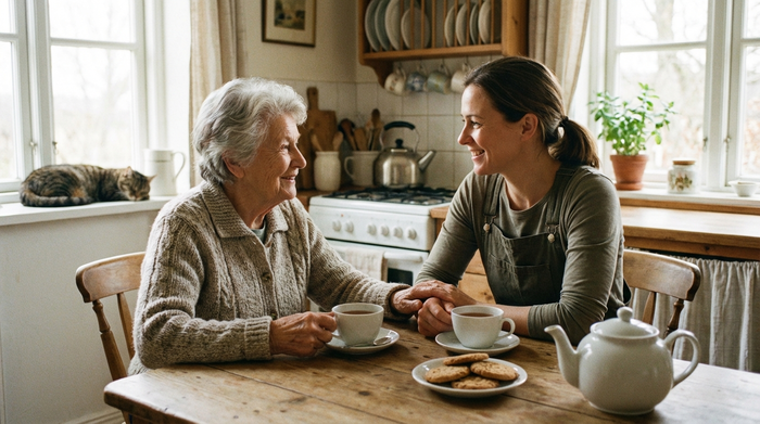 Pflegerin und Senior sitzen entspannt bei einer Tasse Tee am Küchentisch und lächeln sich an