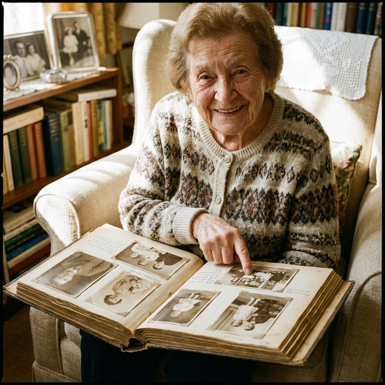 Ältere Dame zeigt lächelnd auf ein altes Fotoalbum auf ihrem Schoß