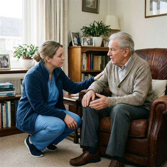 Pflegerin beugt sich auf Augenhöhe zu einem Senior im Sessel und hört aufmerksam zu