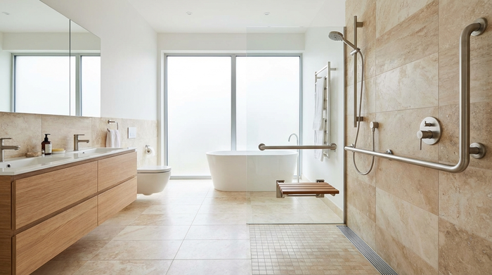 Modernes, helles Badezimmer mit bodengleicher Dusche und stabilen Haltegriffen