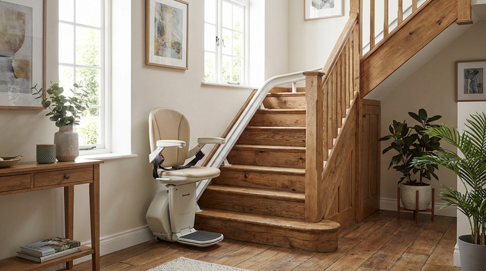 Sicherer Treppenlift an einer Holztreppe im gut beleuchteten Flur