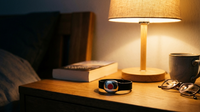 Kleines Hausnotruf-Armband auf einem Nachttisch neben einer Leselampe