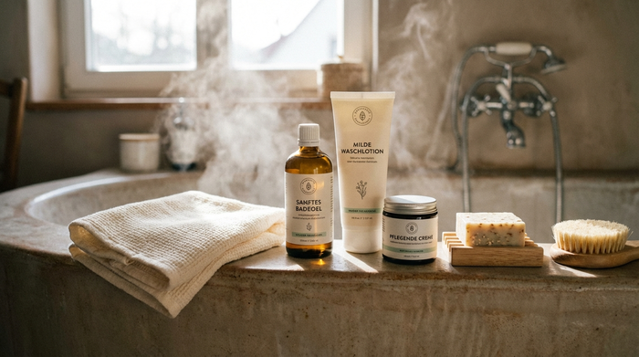Sanfter Waschlappen und milde Pflegeprodukte ordentlich auf einem Badewannenrand bereitgelegt