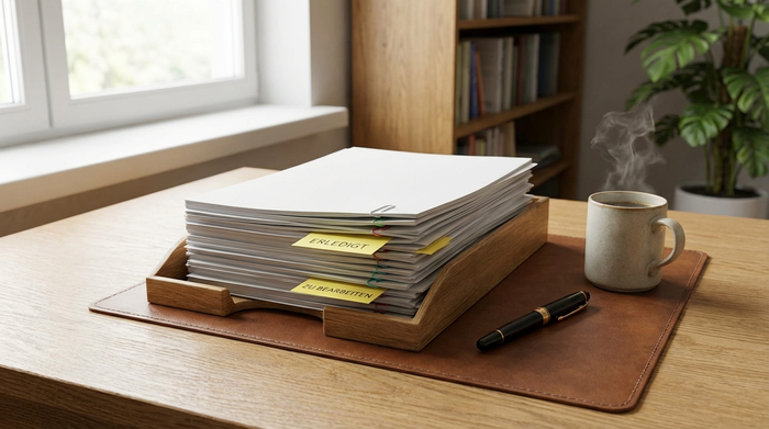 Ordentlich sortierte Dokumente und ein Stift auf einem Schreibtisch neben einer Kaffeetasse