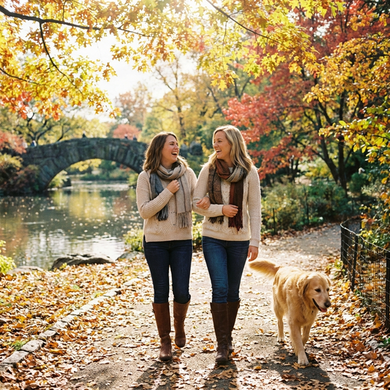 Zwei Frauen unterhalten sich entspannt bei einem Spaziergang im herbstlichen Park