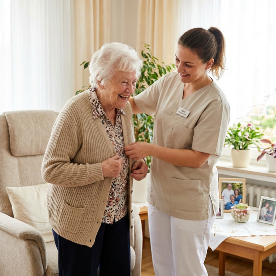 Professionelle Pflegekraft unterstützt eine Seniorin beim Richten der Kleidung