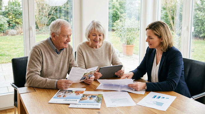 Seniorenpaar sitzt gemeinsam mit einer Beraterin an einem Tisch und schaut sich Informationsmaterialien an