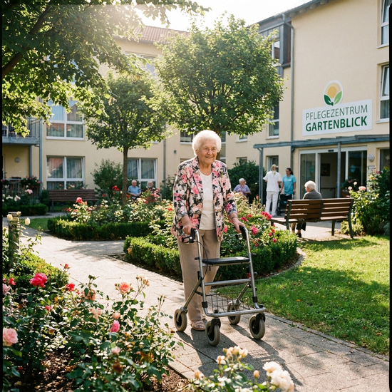Seniorin spaziert mit Rollator durch einen gepflegten Garten einer Pflegeeinrichtung