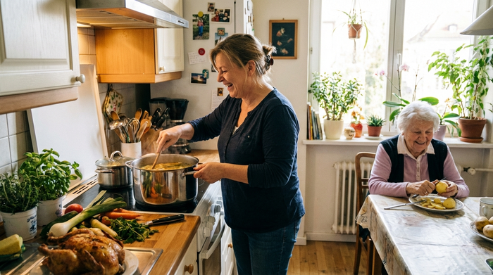 Pflegerin bereitet frische Mahlzeiten in einer Heimküche vor