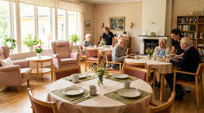 Gemütlicher Speisesaal in einem Pflegeheim mit eingedeckten Tischen