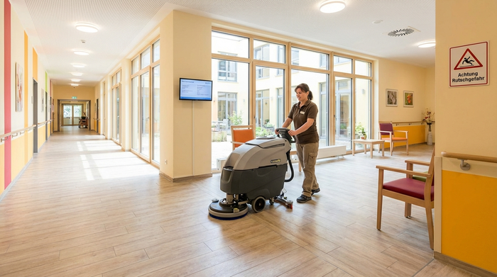 Reinigungskraft putzt den Flur einer modernen Pflegeeinrichtung