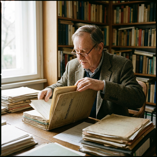 Älterer Herr ordnet konzentriert Dokumente in einem Aktenordner