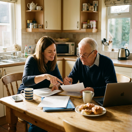 Tochter und Vater sitzen am Küchentisch und besprechen Unterlagen