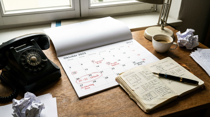 Kalender mit markierten Terminen auf einem Schreibtisch, daneben ein Telefon und ein Notizbuch