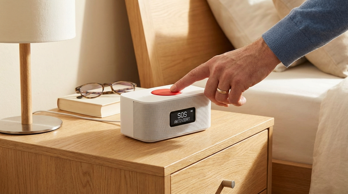Hand drückt den roten Knopf eines modernen Hausnotruf-Geräts auf einem Nachttisch