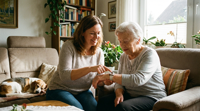 Pflegeberaterin und Seniorin betrachten gemeinsam ein Hausnotruf-Gerät am Handgelenk in einer gemütlichen Wohnzimmerumgebung