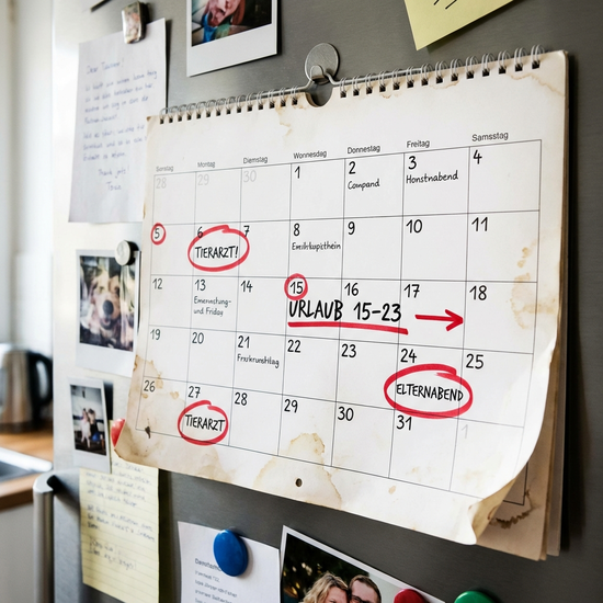 Wandkalender mit deutlich rot markierten Terminen