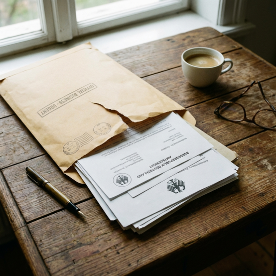 Geöffneter Briefumschlag mit offiziellen Dokumenten auf einem Holztisch