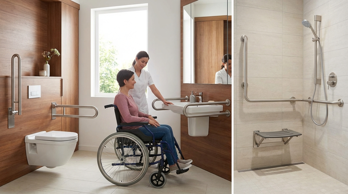 Gemeinsamer Rundgang durch das barrierefreie Badezimmer mit Fokus auf Haltegriffe