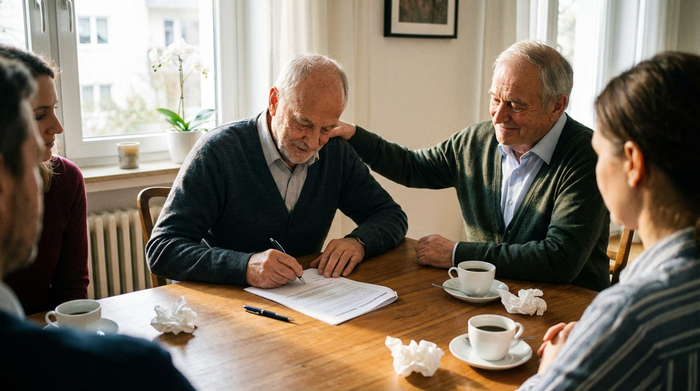 Abschließendes Gespräch am Esstisch mit Unterschrift auf einem Dokument