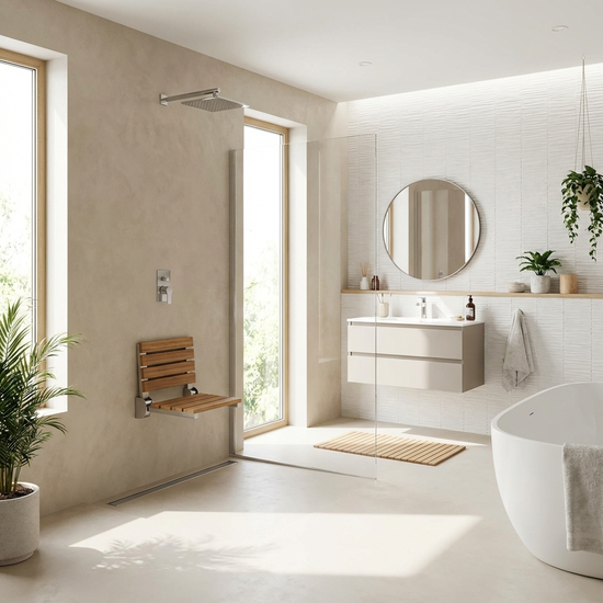 Modernes, helles Badezimmer mit einer bodengleichen Dusche und einem klappbaren Duschsitz