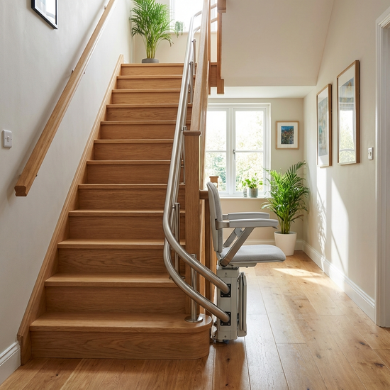 Moderner Treppenlift an einer geraden Holztreppe in einem gepflegten Einfamilienhaus