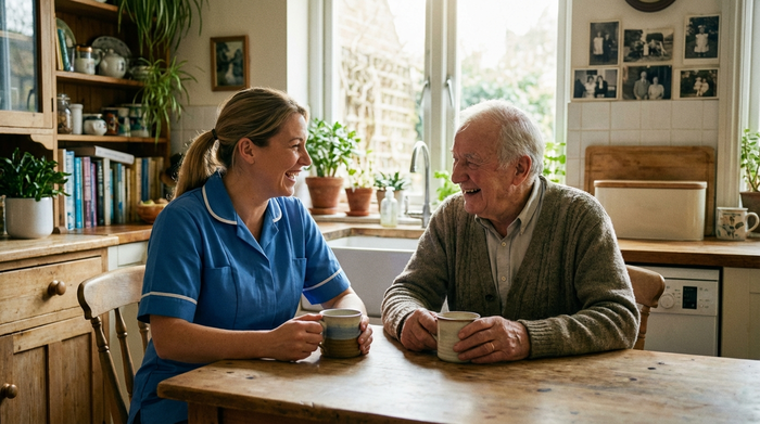 Freundliche Pflegerin und älterer Herr sitzen gemeinsam am Küchentisch und unterhalten sich lächelnd bei einer Tasse Kaffee