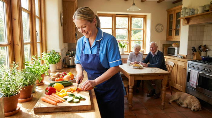 Pflegerin bereitet in einer hellen Küche frisches Gemüse für das Mittagessen vor