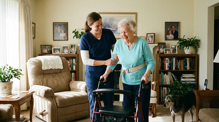 Pflegerin unterstützt Seniorin beim sicheren Gehen im Wohnzimmer
