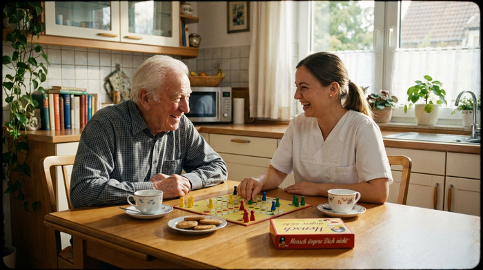 Senior und Pflegerin spielen gemeinsam ein Brettspiel am Tisch