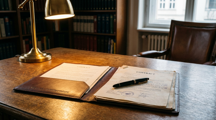 Seriöse Dokumentenmappe mit Verträgen und Stift auf einem Schreibtisch