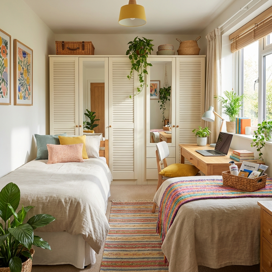 Helles, freundlich eingerichtetes Gästezimmer mit Bett, Schrank und Schreibtisch für die Betreuungskraft