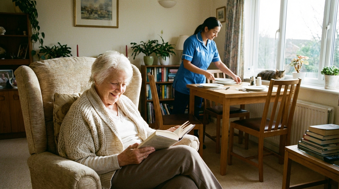 Seniorin sitzt entspannt im Sessel, während die Pflegerin im Hintergrund den Tisch deckt