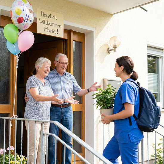 Herzliche Begrüßung der neuen Pflegekraft an der Haustür