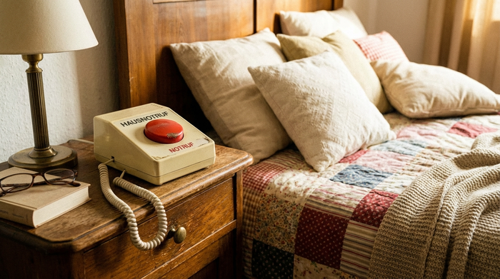 Klassisches Hausnotruf-Gerät mit großem rotem Knopf auf einem Holz-Nachttisch neben einem gemütlichen Bett.