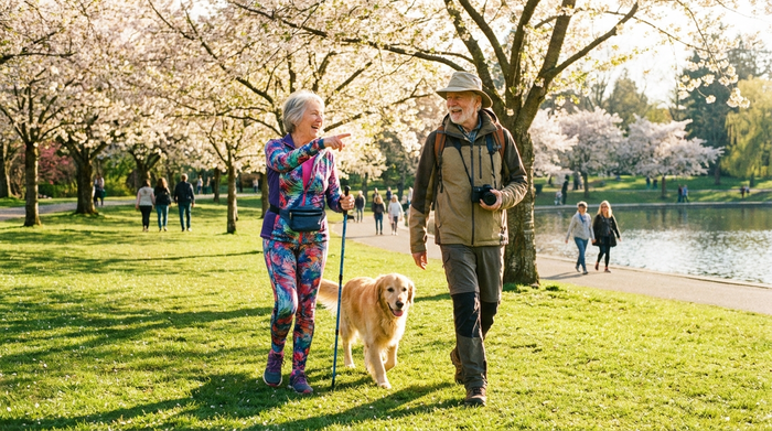 Zwei aktive Senioren beim gemeinsamen Spaziergang im sonnigen Park.