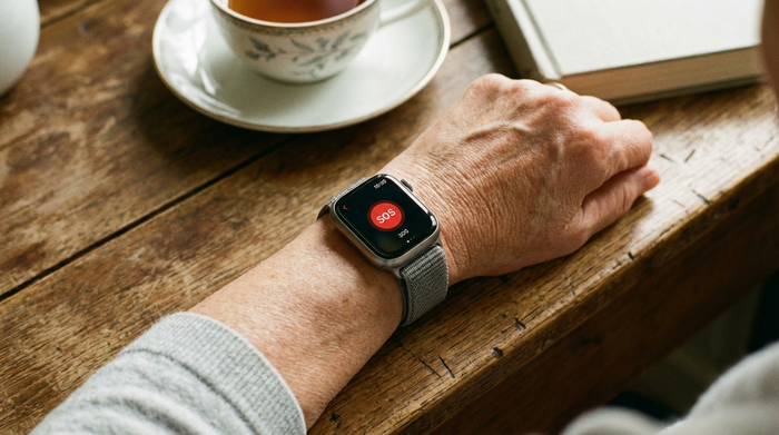 Moderne, unauffällige Smartwatch mit Notruffunktion am Handgelenk einer Seniorin.