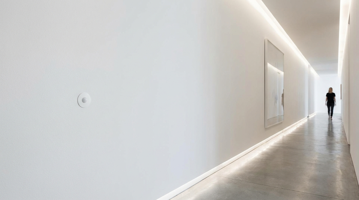 Unauffälliger Bewegungsmelder an der weißen Wand eines modernen Flurs.