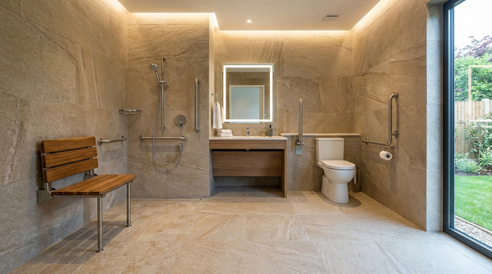 Modernes, barrierefreies Badezimmer mit rutschfesten Fliesen, Haltegriffen und einem stabilen Duschsitz.