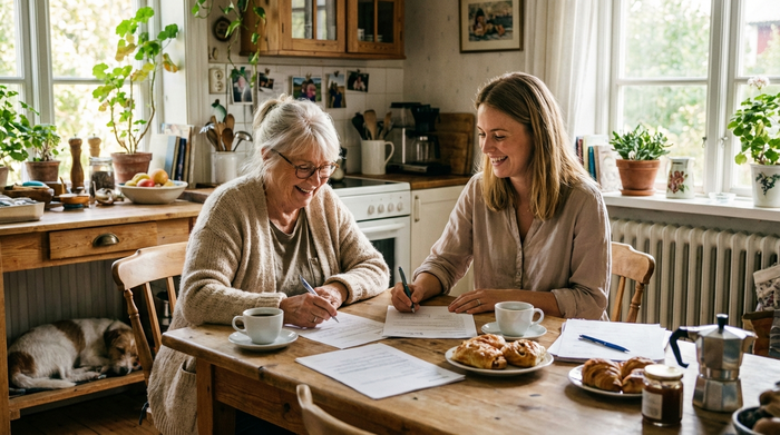 Entspannte Seniorin und jüngere Beraterin sitzen gemeinsam am Küchentisch und füllen Dokumente aus.