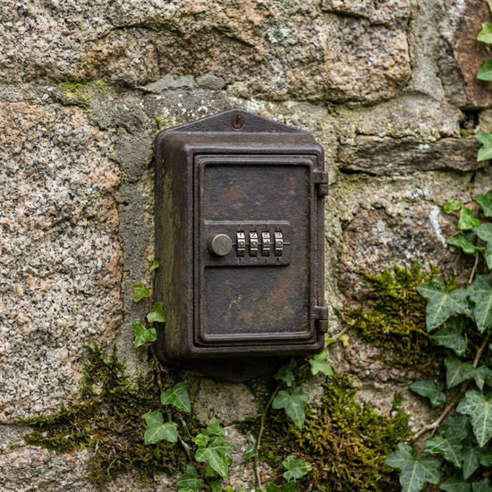 Kleiner, massiver Schlüsseltresor mit Zahlencode, unauffällig an einer Hauswand montiert.
