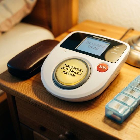 Nahaufnahme einer Hausnotruf-Basisstation mit einer deutlich markierten Tagestaste.