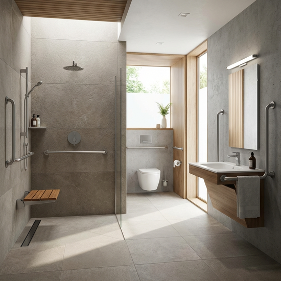 Modernes, barrierefreies Badezimmer mit ebenerdiger Dusche, rutschfesten Fliesen und klappbarem Duschsitz