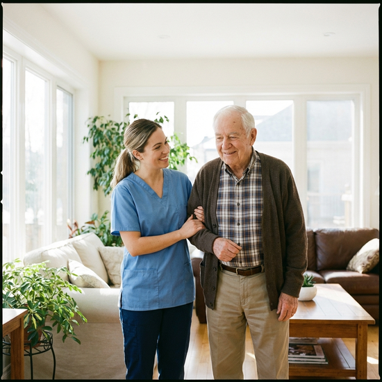 Freundliche Pflegerin stützt einen älteren Herrn am Arm, beide lächeln entspannt in einem hellen Raum