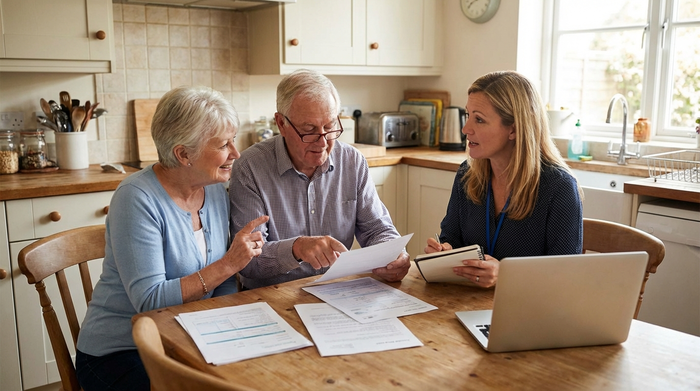Älteres Ehepaar sitzt am Küchentisch und bespricht gemeinsam mit einer Pflegeberaterin Dokumente