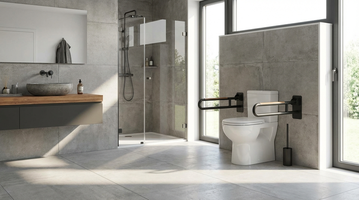 Erhöhte Toilette mit beidseitigen, stabilen Stützklappgriffen in einem modernen Bad