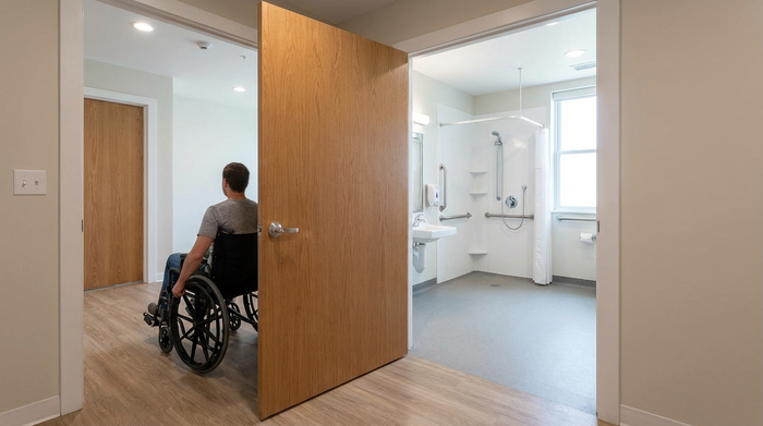 Breite, nach außen öffnende Badezimmertür ohne Bodenschwelle für problemlosen Rollstuhlzutritt