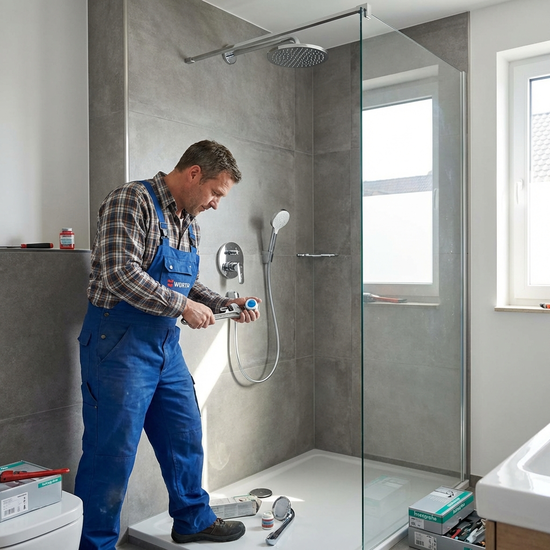 Handwerker in Arbeitskleidung installiert fachgerecht neue Armaturen in einer modernen Dusche